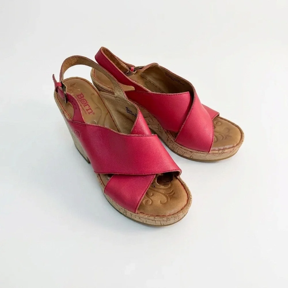 Born Wedge Sandals Women 9 Fuchsia Leather Crisscross Slingback Boho Summer Bold